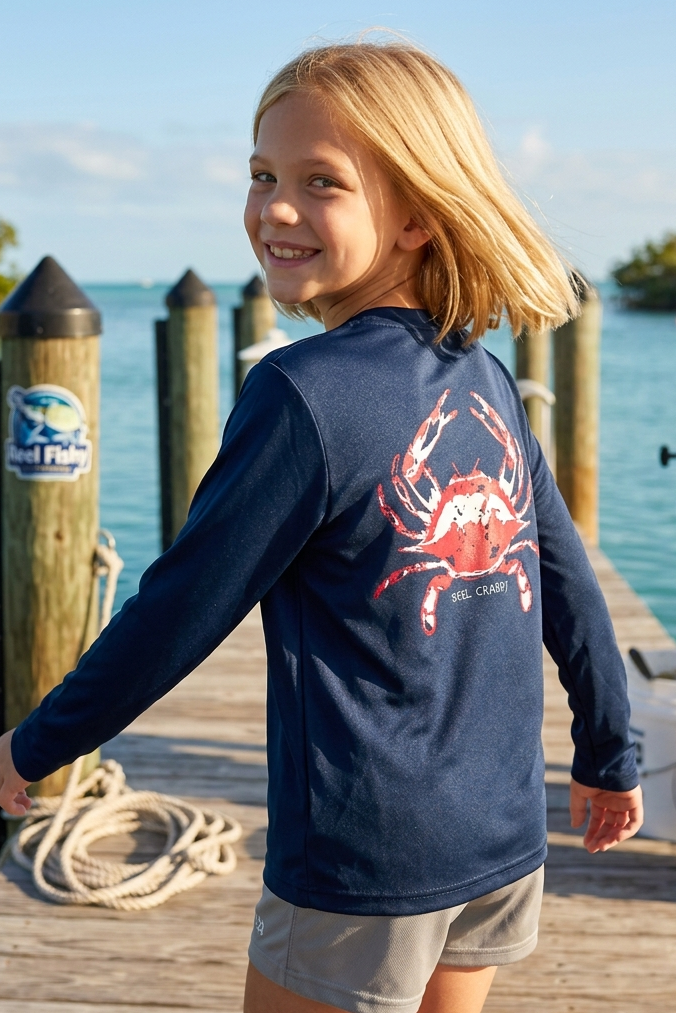 Girl on a dock wearing a navy blue performance long sleeve sun shirt with  blue crab "Reel Crabby" design on the back.