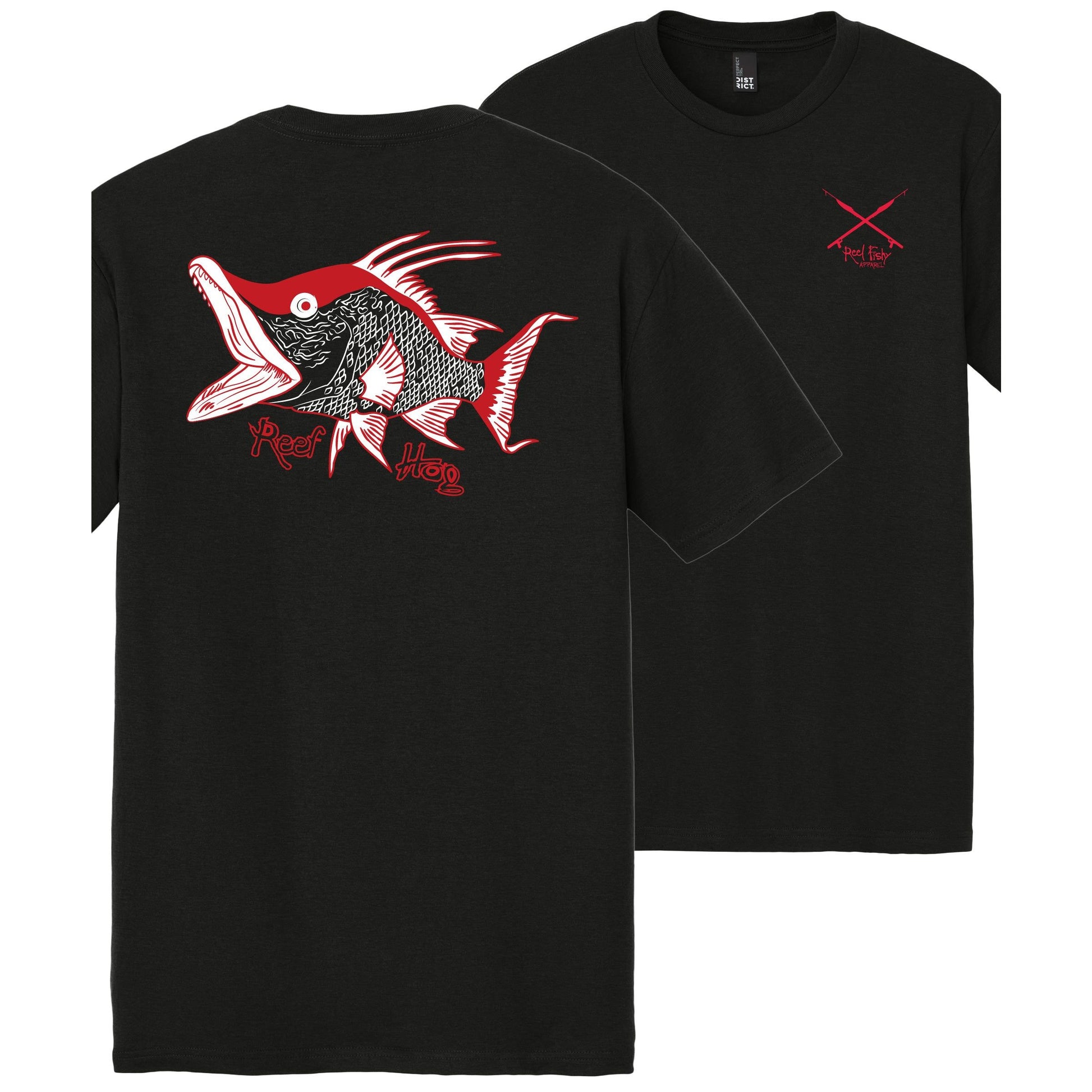 Hogfish "Reef Hog" black short sleeve cotton t-shirt with Reel Fishy Spears on Front