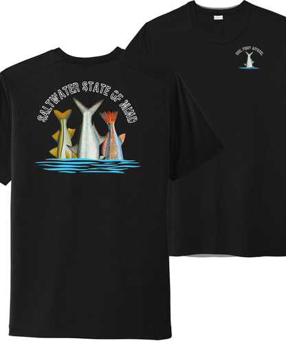 Inshore Slam performance UPF 50 short sleeve fishing shirt in black with Redfish, Tarpon, and Snook tail design