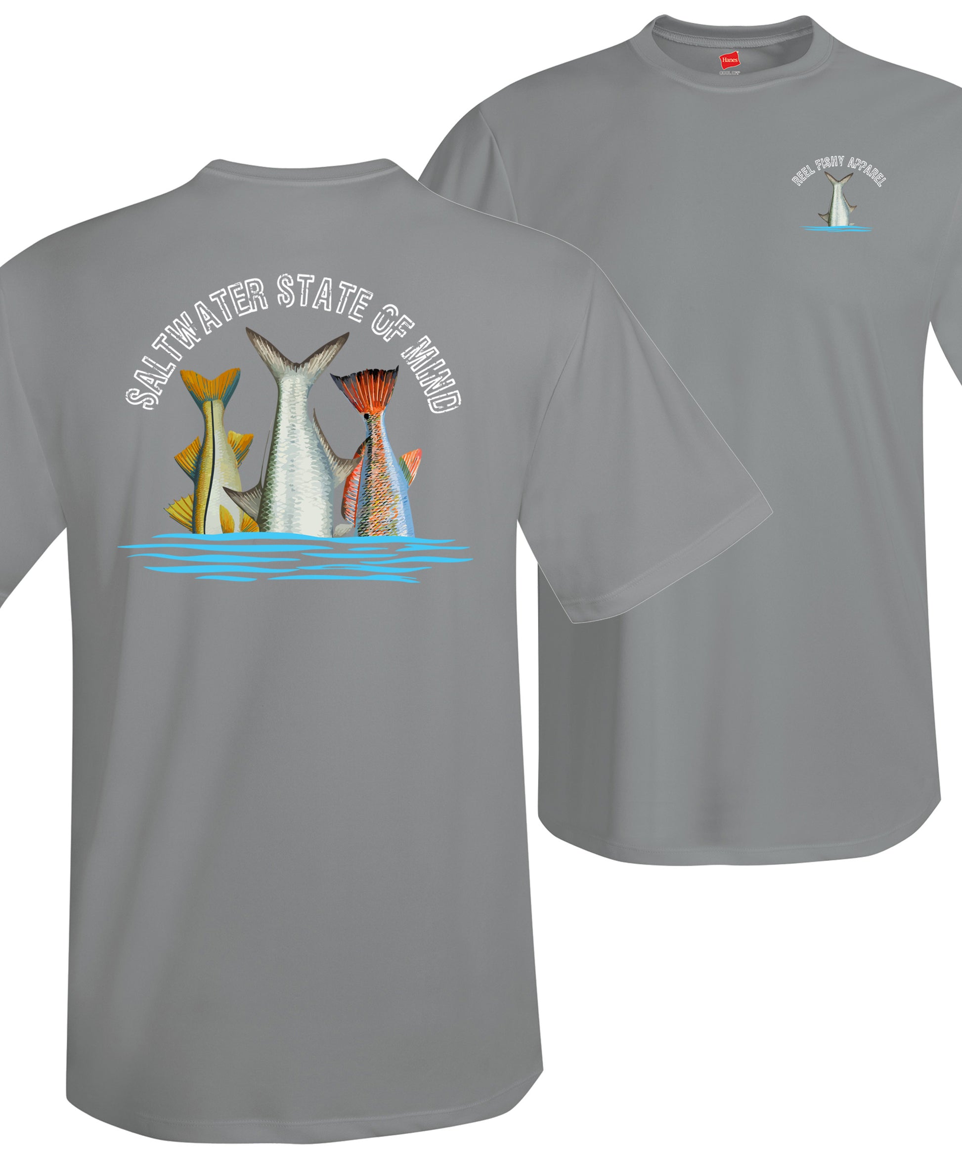 Inshore Slam performance UPF 50 short sleeve fishing shirt in gray with Redfish, Tarpon, and Snook tail design