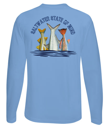 Inshore Slam performance UPF 50 long sleeve fishing shirt in light blue with Redfish, Tarpon, and Snook tail design