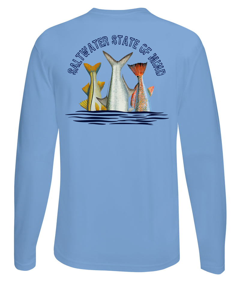 Inshore Slam performance UPF 50 long sleeve fishing shirt in light blue with Redfish, Tarpon, and Snook tail design