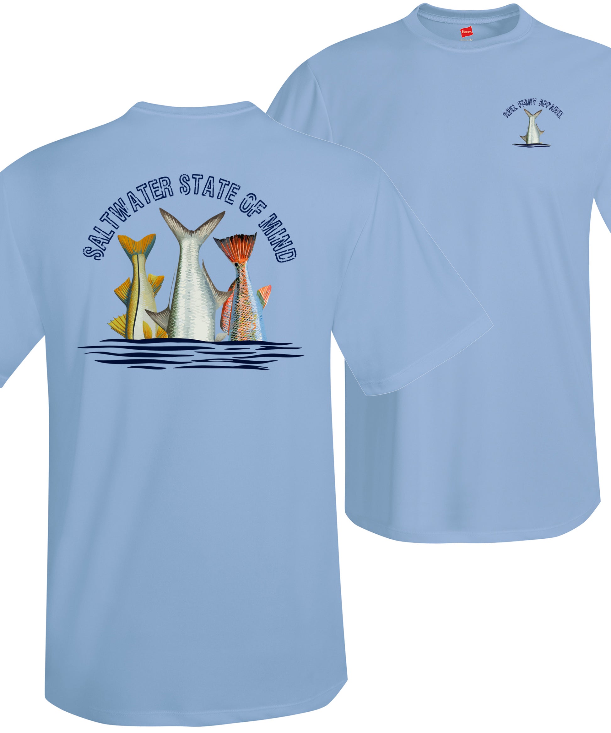 Inshore Slam performance UPF 50 short sleeve fishing shirt in light blue with Redfish, Tarpon, and Snook tail design