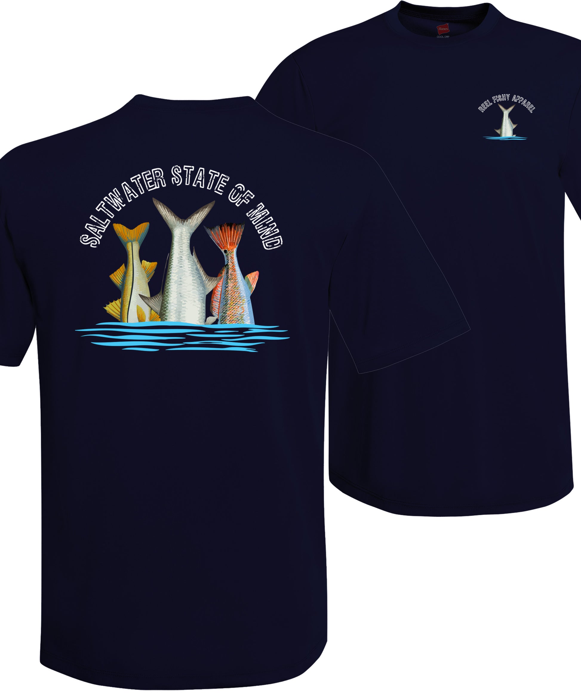 Inshore Slam performance UPF 50 short sleeve fishing shirt in navy with Redfish, Tarpon, and Snook tail design