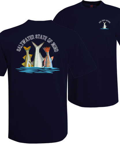 Inshore Slam performance UPF 50 short sleeve fishing shirt in navy with Redfish, Tarpon, and Snook tail design