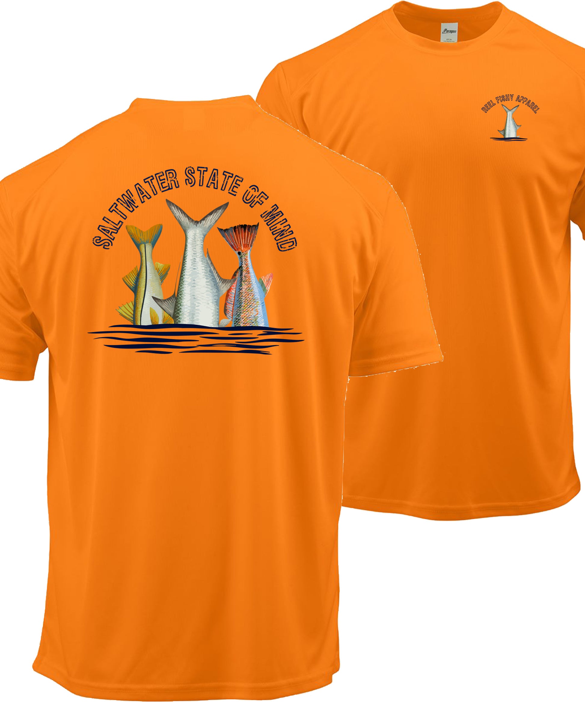 Inshore Slam performance UPF 50 long sleeve fishing shirt in neon orange with Redfish, Tarpon, and Snook tail design