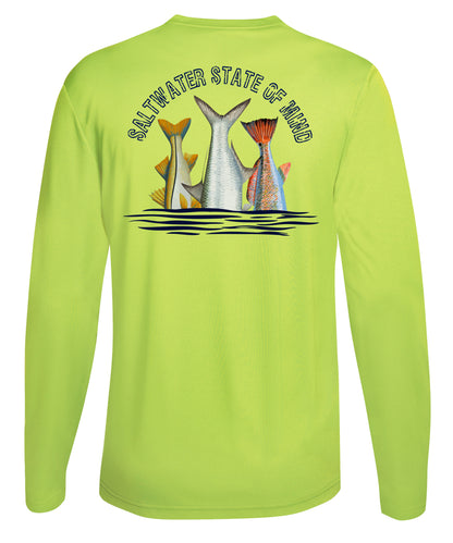 Inshore Slam performance UPF 50 long sleeve fishing shirt in neon yellow with Redfish, Tarpon, and Snook tail design