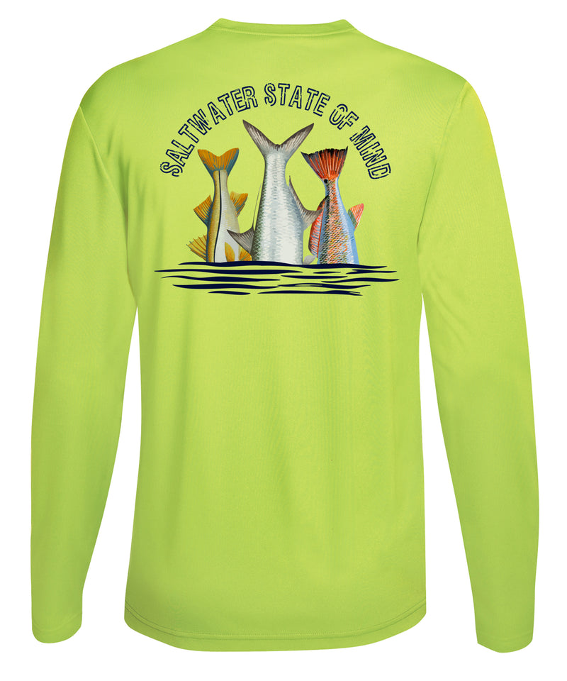 Inshore Slam performance UPF 50 long sleeve fishing shirt in neon yellow with Redfish, Tarpon, and Snook tail design