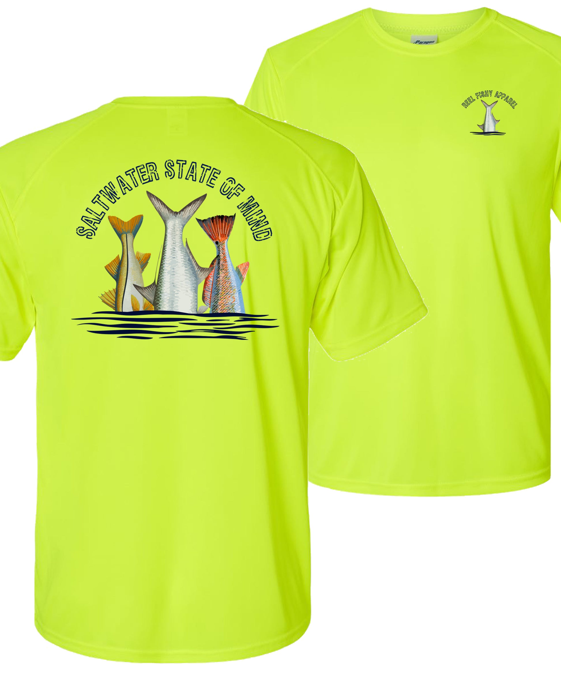Inshore Slam performance UPF 50 long sleeve fishing shirt in neon yellow with Redfish, Tarpon, and Snook tail design