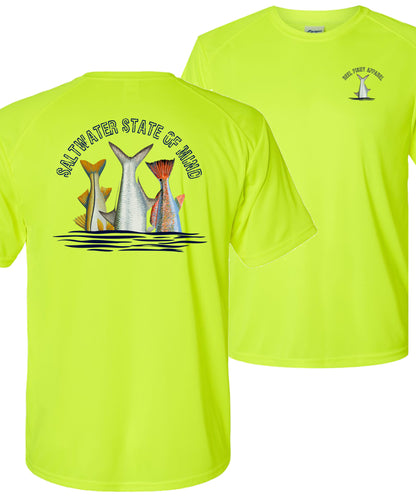 Inshore Slam performance UPF 50 long sleeve fishing shirt in neon yellow with Redfish, Tarpon, and Snook tail design
