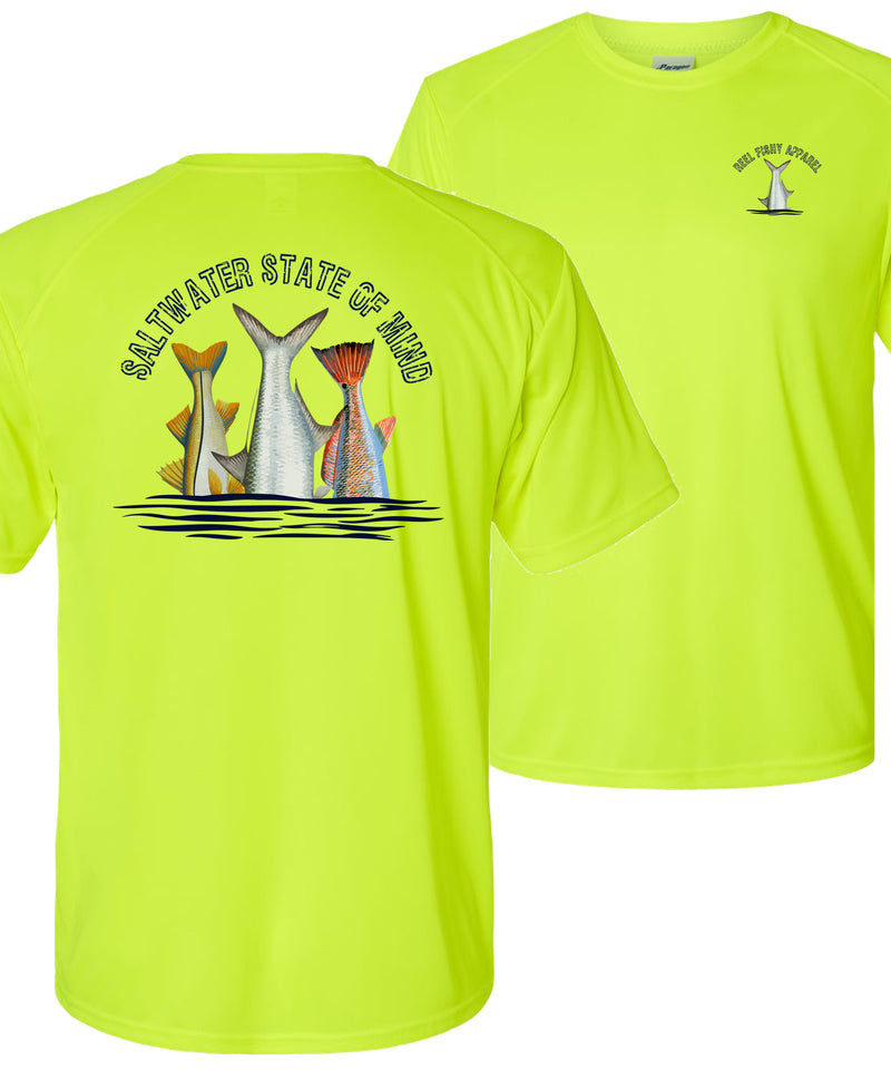 Inshore Slam performance UPF 50 long sleeve fishing shirt in neon yellow with Redfish, Tarpon, and Snook tail design