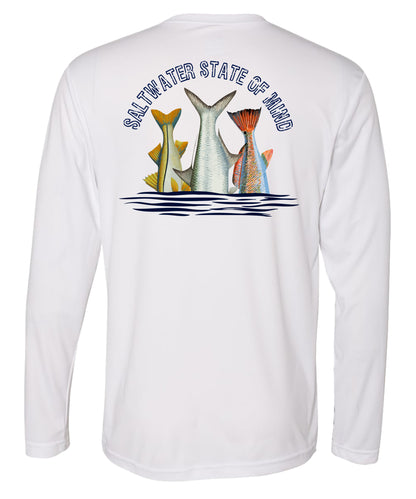Inshore Slam performance UPF 50 long sleeve fishing shirt in white with Redfish, Tarpon, and Snook tail design