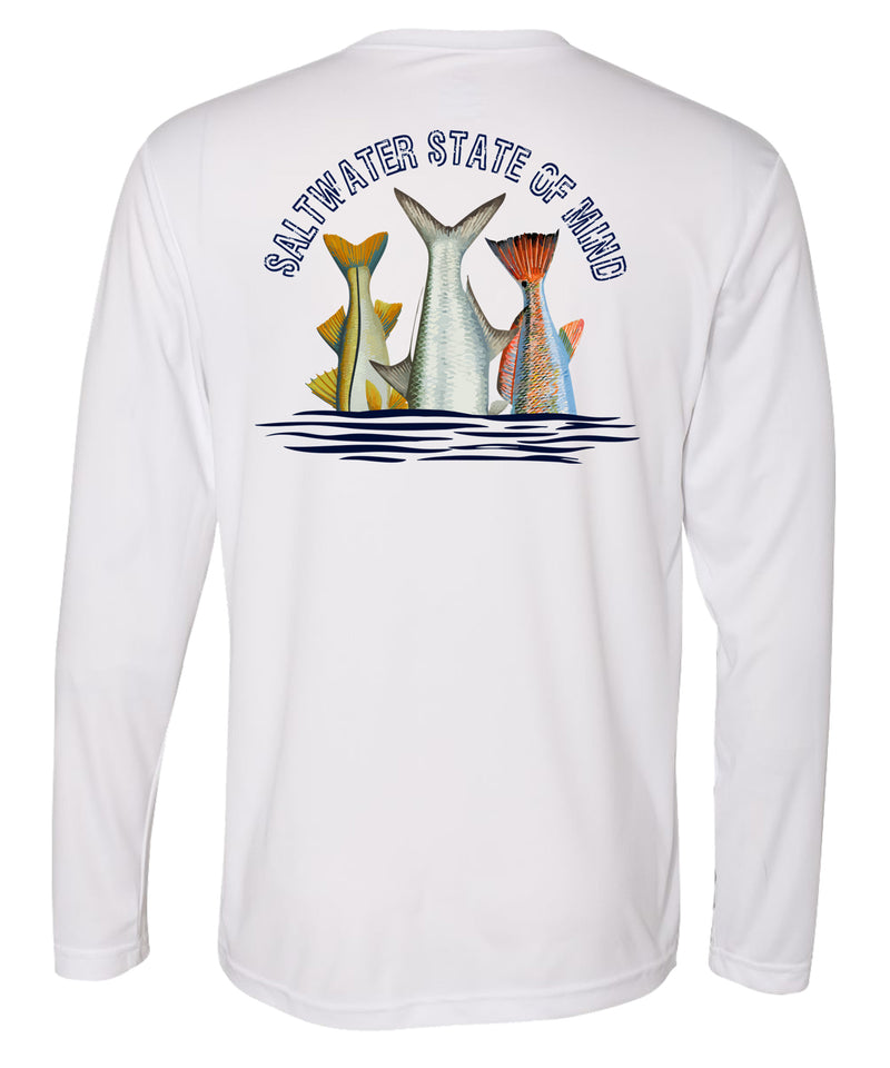 Inshore Slam performance UPF 50 long sleeve fishing shirt in white with Redfish, Tarpon, and Snook tail design