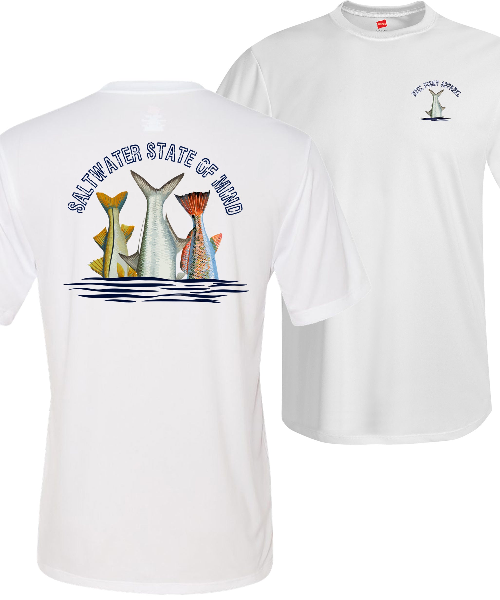 Inshore Slam performance UPF 50 long sleeve fishing shirt in white with Redfish, Tarpon, and Snook tail design