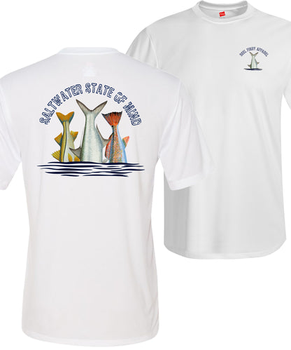 Inshore Slam performance UPF 50 long sleeve fishing shirt in white with Redfish, Tarpon, and Snook tail design
