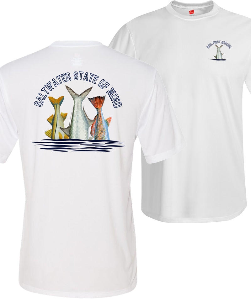 Inshore Slam performance UPF 50 long sleeve fishing shirt in white with Redfish, Tarpon, and Snook tail design