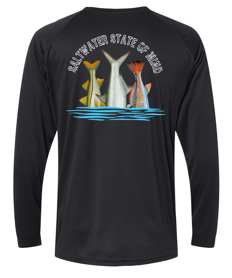 Inshore Slam performance UPF 50 long sleeve fishing shirt in black with Redfish, Tarpon, and Snook tail design