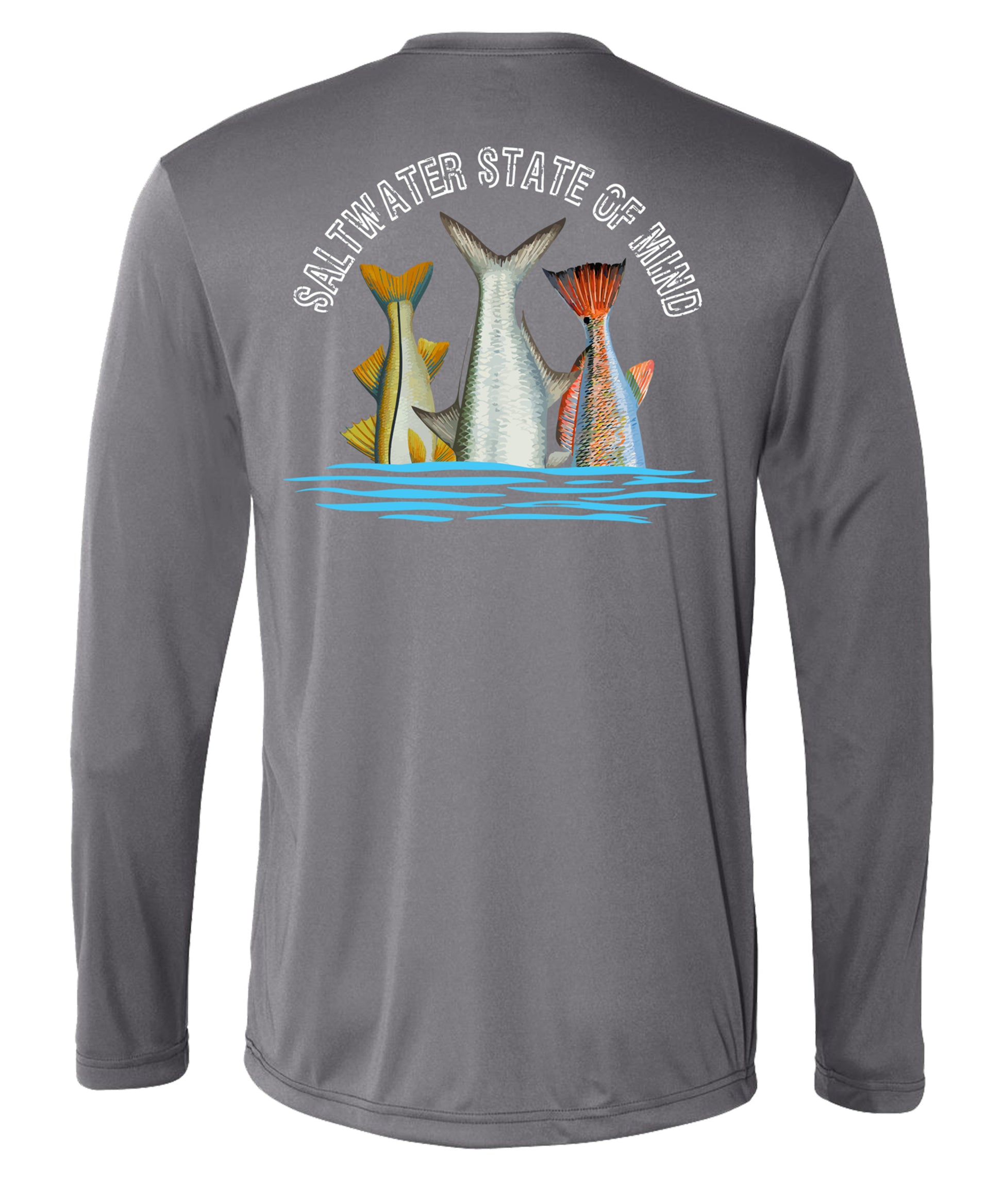 Inshore Slam performance UPF 50 long sleeve fishing shirt in gray with Redfish, Tarpon, and Snook tail design