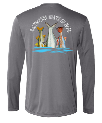 Inshore Slam performance UPF 50 long sleeve fishing shirt in gray with Redfish, Tarpon, and Snook tail design