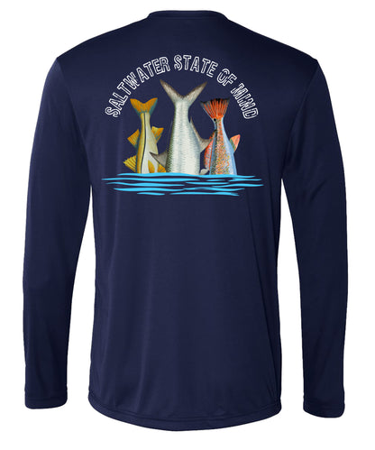 Inshore Slam performance UPF 50 long sleeve fishing shirt in navy with Redfish, Tarpon, and Snook tail design
