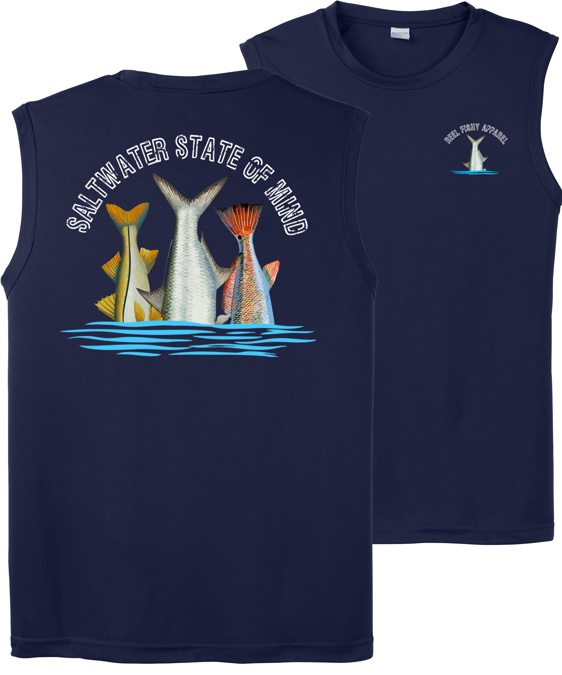 Men’s performance tank in navy featuring Inshore Slam fish tails and Saltwater State of Mind slogan