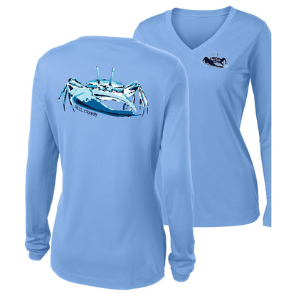 Women’s light blue long sleeve performance sun shirt, V-neck, fiddler crab design on back, and Reel Fishy fiddler crab logo on front
