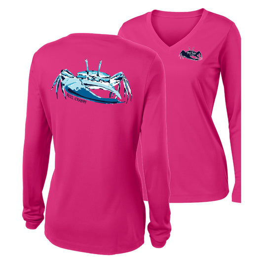 Women’s pink long sleeve performance sun shirt, V-neck, fiddler crab design on back, and Reel Fishy fiddler crab logo on front