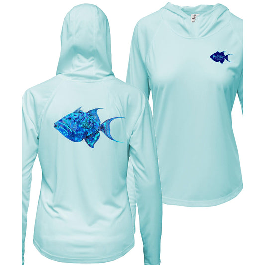 Women’s  light blue long sleeve performance hoodie, thumb holes, colorful triggerfish design, and Reel Fishy Triggerfish logo on front.