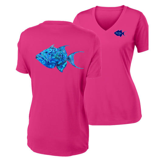 Women’s pink V-neck short sleeve performance shirt, colorful triggerfish design on back, Reel Fishy logo on front.