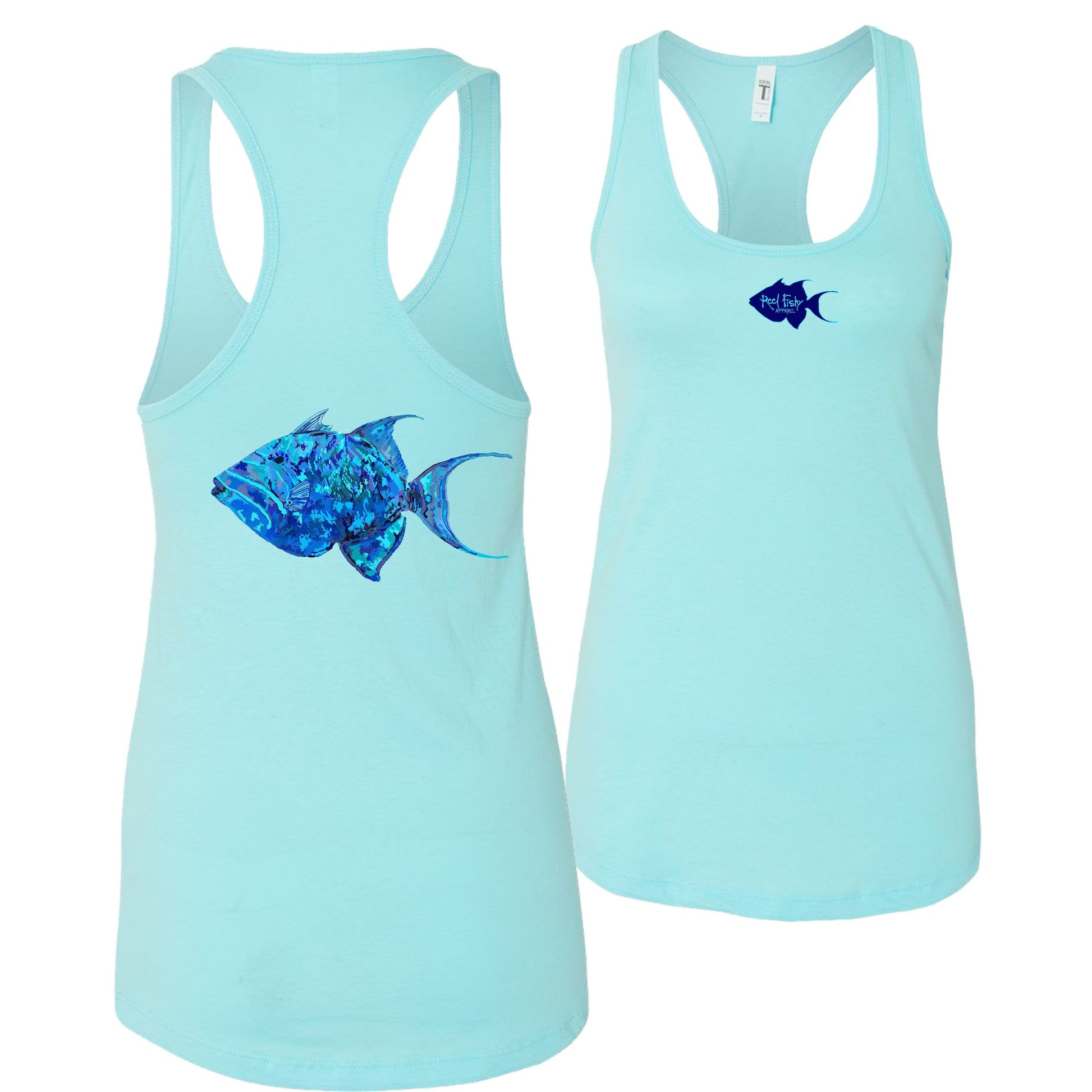 Women's aqua blue racerback tank top with colorful triggerfish design, Reel Fishy triggerfish logo on front, lightweight cotton blend fabric