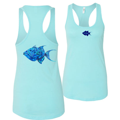 Women's aqua blue racerback tank top with colorful triggerfish design, Reel Fishy triggerfish logo on front, lightweight cotton blend fabric