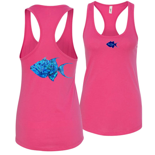 Women's pink racerback tank top with colorful triggerfish design, Reel Fishy triggerfish logo on front, lightweight cotton blend fabric