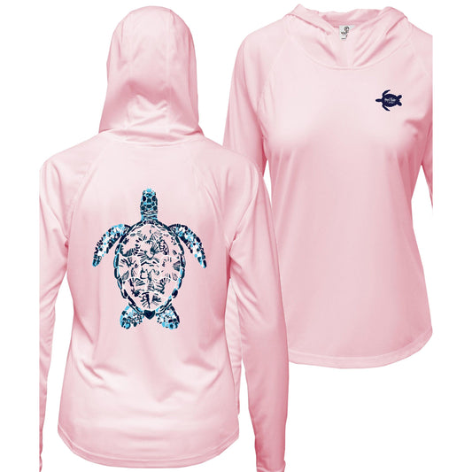 Women's pink long sleeve performance hoodie with pink turtle design, thumb holes, and Reel Fishy Turtle  logo on the front