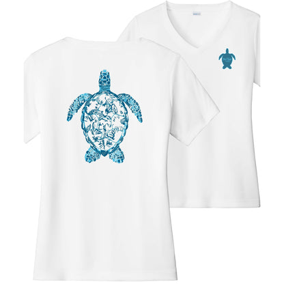 Women’s white short sleeve performance shirt, V-neck, colorful turtle design on back, and Reel Fishy turtle logo on front