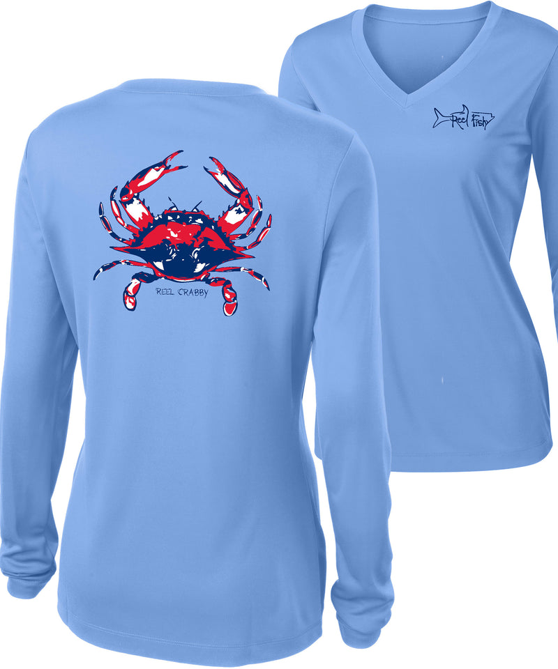 American Blue Crab -Reel Crabby Ladies Performance Dry-fit V-neck Long Sleeve Shirt with 50+ UV Sun Protection in Light Blue