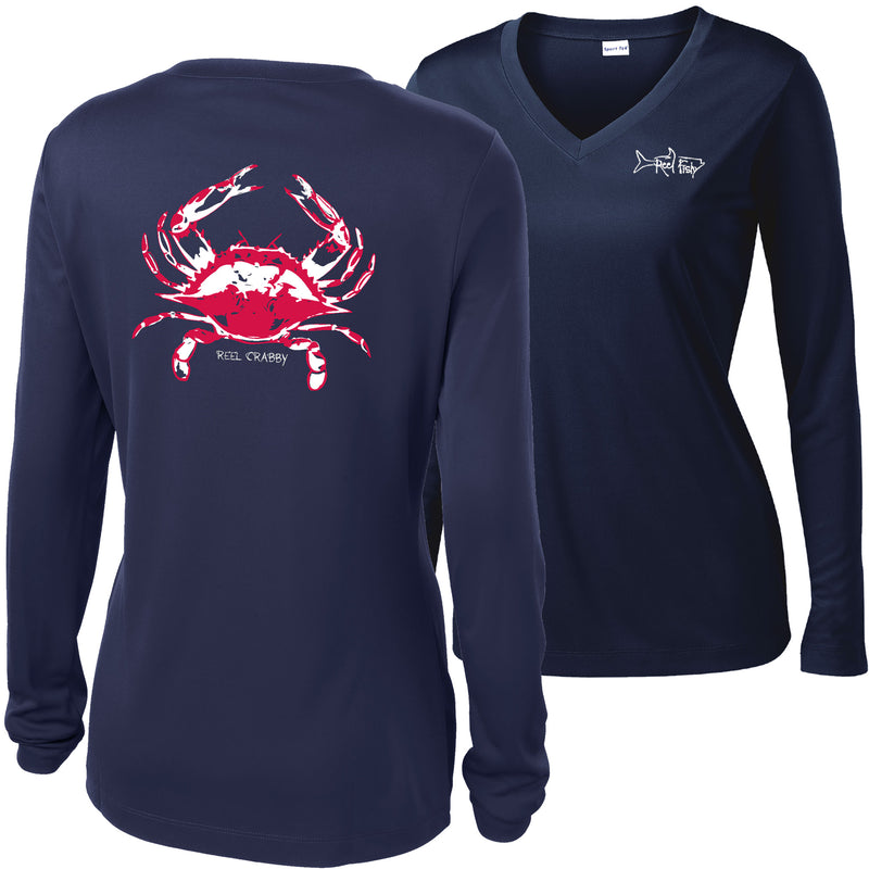 American Blue Crab -Reel Crabby Ladies Performance Dry-fit V-neck Long Sleeve Shirt with 50+ UV Sun Protection in Navy