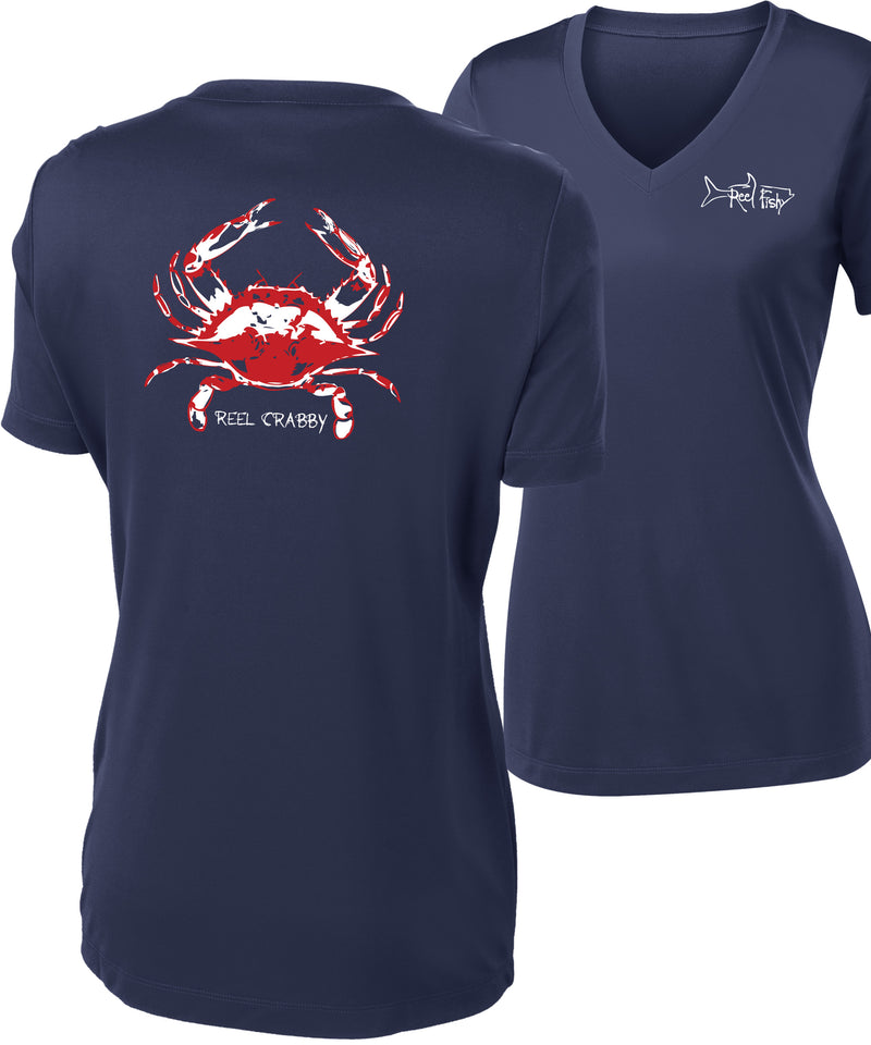Blue Crab -Reel Crabby Ladies Performance Dry-fit V-neck Short Sleeve Shirt with 50+ UV Sun Protection in Navy