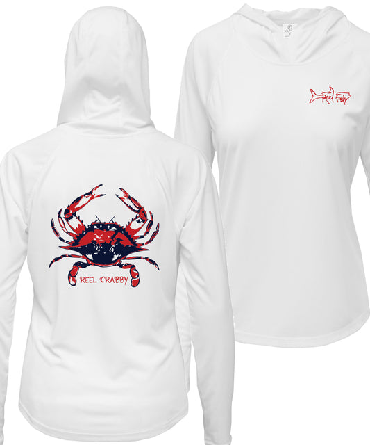 Women's white long sleeve performance hoodie with blue crab design, thumb holes, and Reel Fishy Tarpon logo on the front