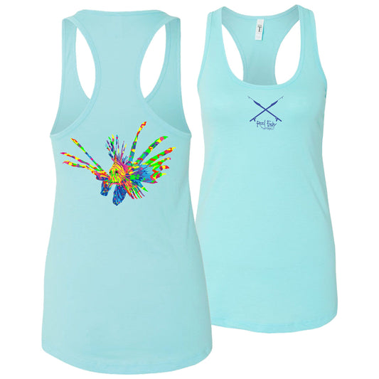 Women’s aqua racerback tank with full-color lionfish design and Reel Fishy Spears logo on front