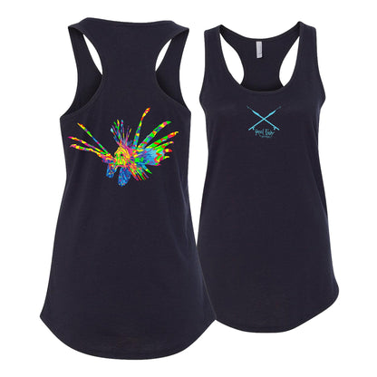 Women’s navy racerback tank with full-color lionfish design and Reel Fishy Spears logo on front
