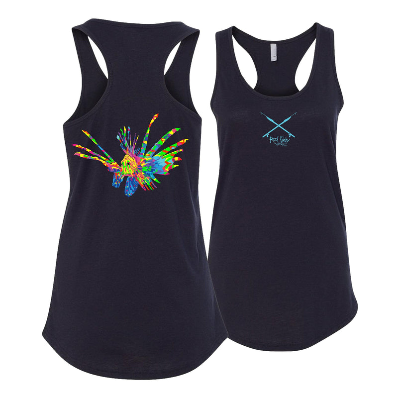 Women’s navy racerback tank with full-color lionfish design and Reel Fishy Spears logo on front