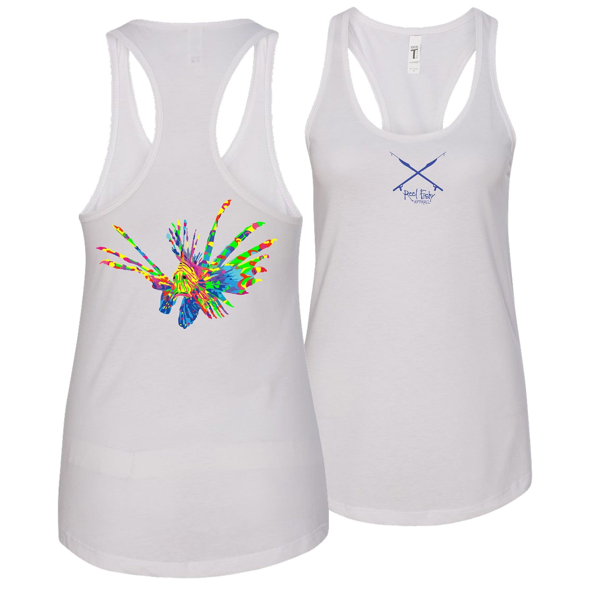 Women’s white racerback tank with full-color lionfish design and Reel Fishy Spears logo on front