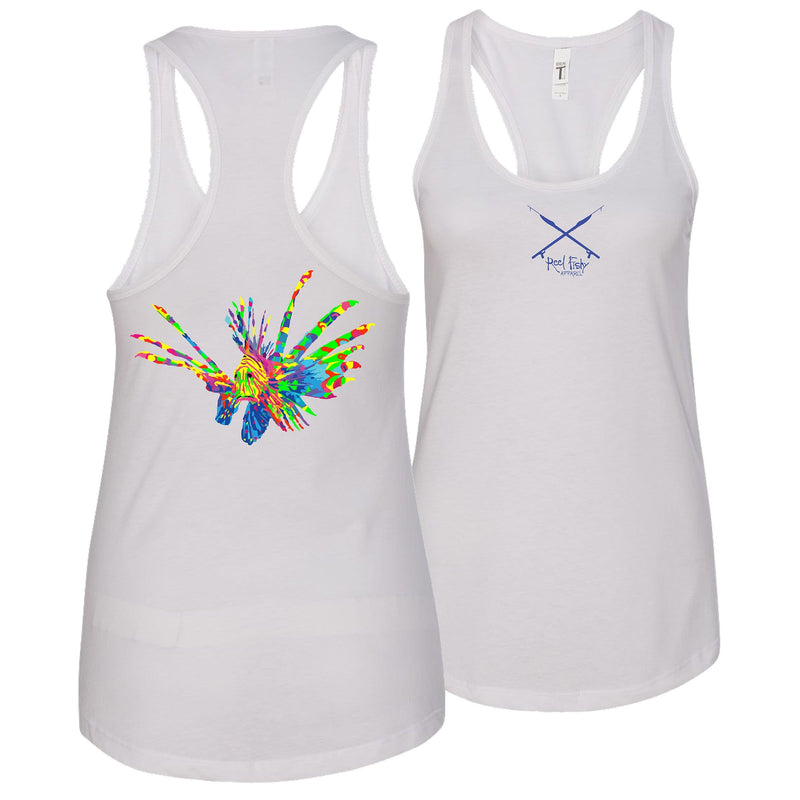 Women’s white racerback tank with full-color lionfish design and Reel Fishy Spears logo on front