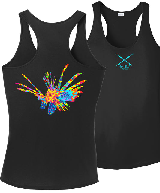 Black Women’s Dri-Fit Racerback Tank with Colorful Lionfish Logo