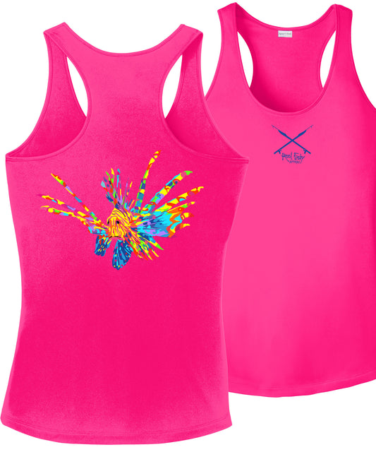Pink Women’s Dri-Fit Racerback Tank with Colorful Lionfish Logo
