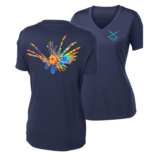 Women's navy short sleeve performance shirt featuring a vibrant, full-color Lionfish design.