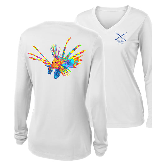 Women's white long sleeve performance shirt featuring a vibrant, full-color Lionfish design.