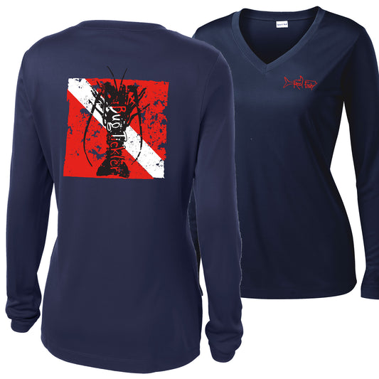 Unisex light blue long sleeve performance shirt with 50+ UPF, colorful triggerfish design on back, Reel Fishy triggerfish logo on front.