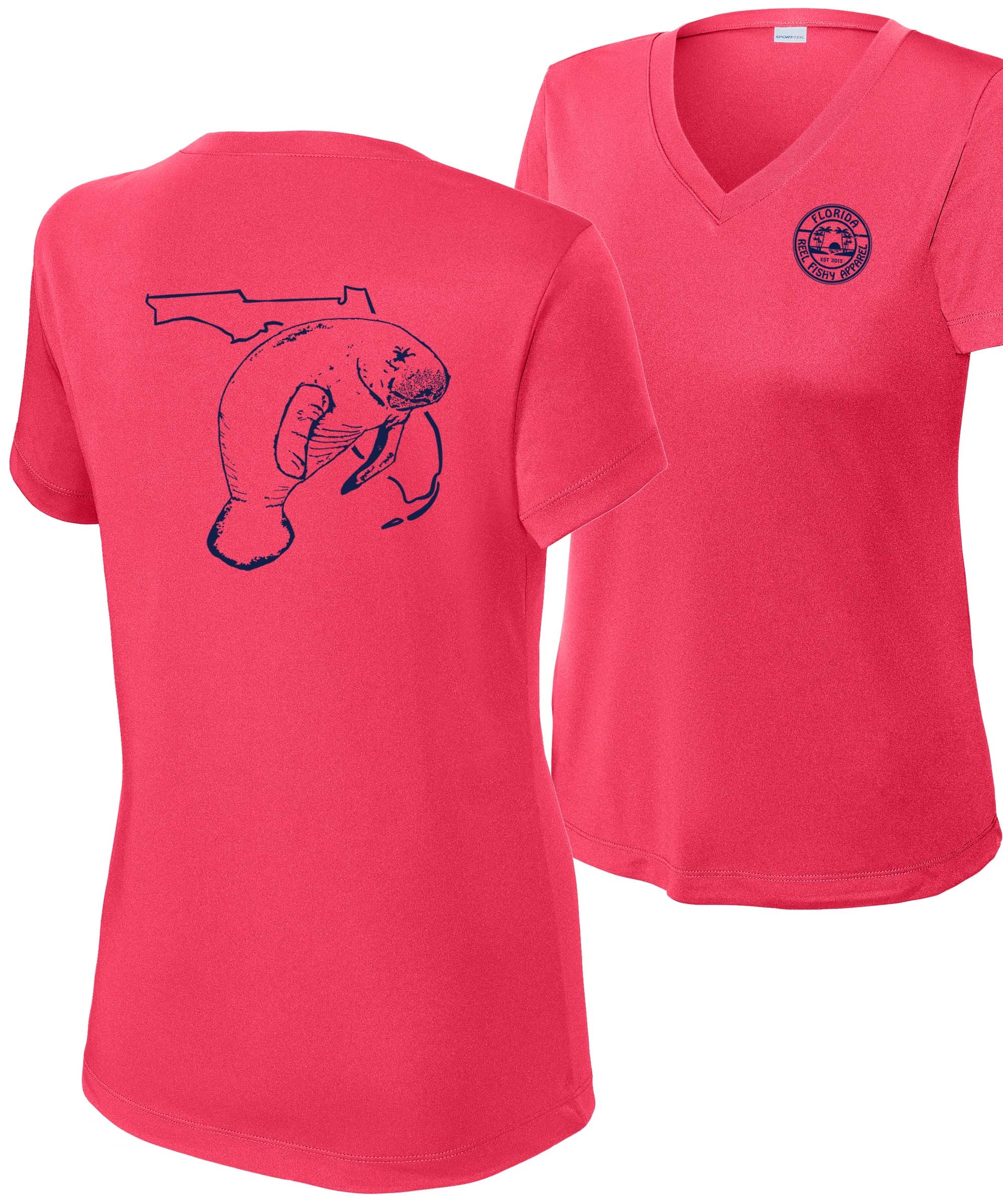 Women’s coral short sleeve performance sun shirt, V-neck, Florida Manatee design on back, and Reel Fishy logo on front