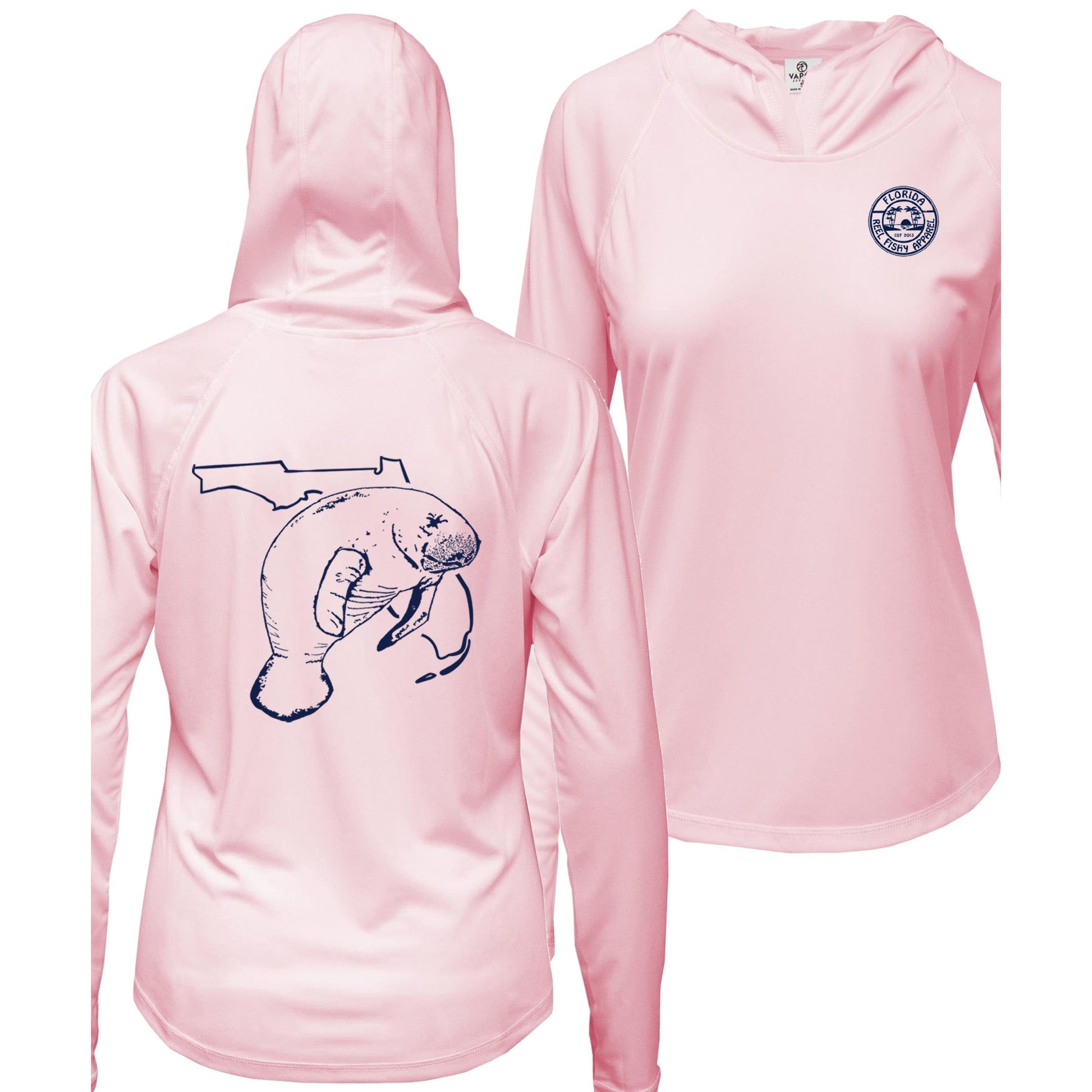 Women's pink long sleeve performance hoodie with Florida Manatee design, thumb holes, and Reel Fishy logo on the front